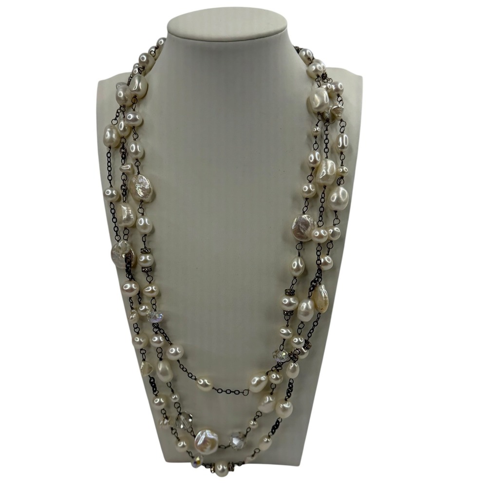 LWG Sterling Silver 925 Freshwater Pearl Multi-Strand Crystal Necklace 18in